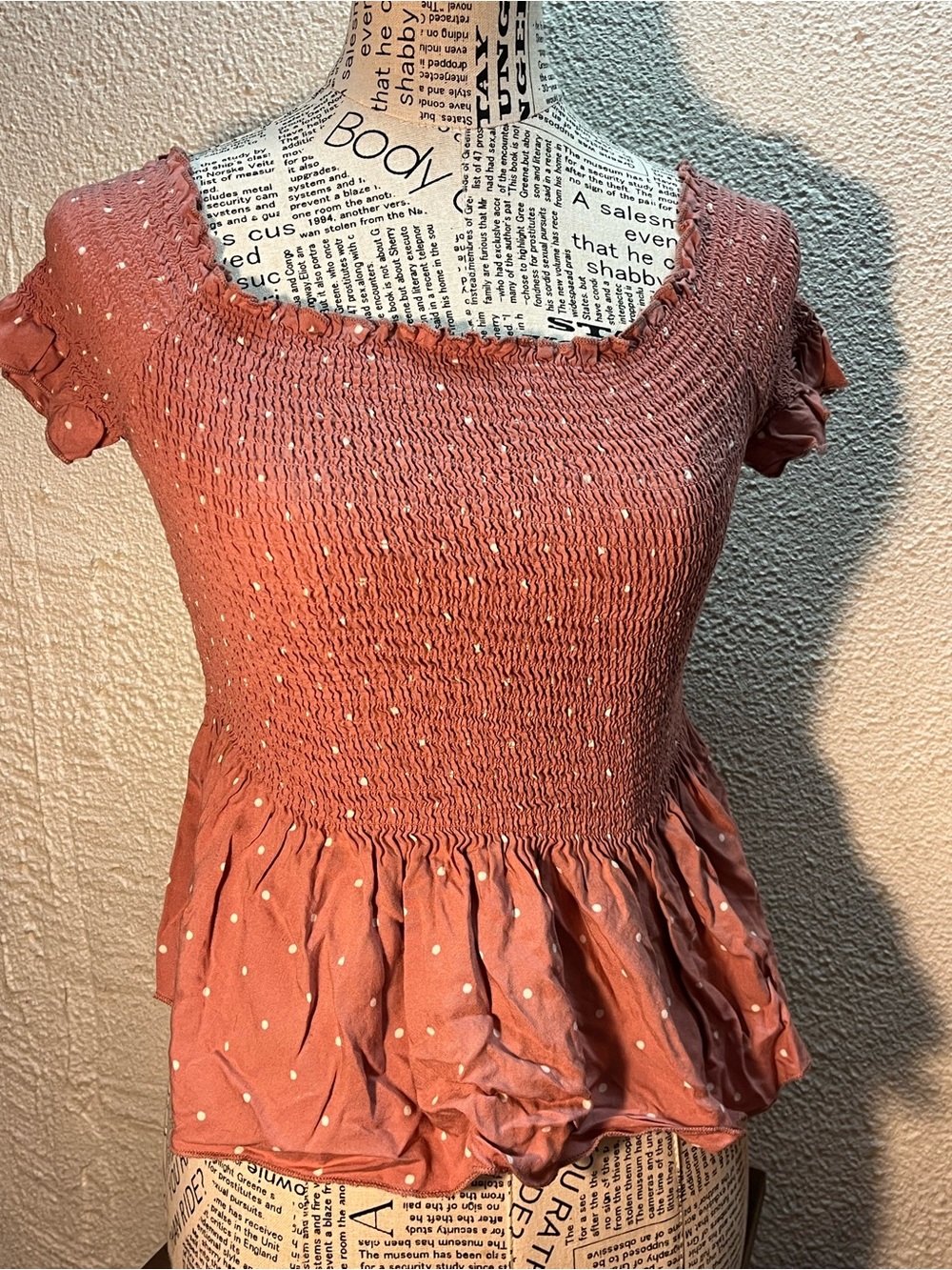 Japna Rust Smocked Peplum Crop Top with White Dots